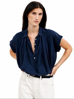 Nili Lotan Normandy Gathered Yoke Cotton Blouse Blue Size Large EUC!